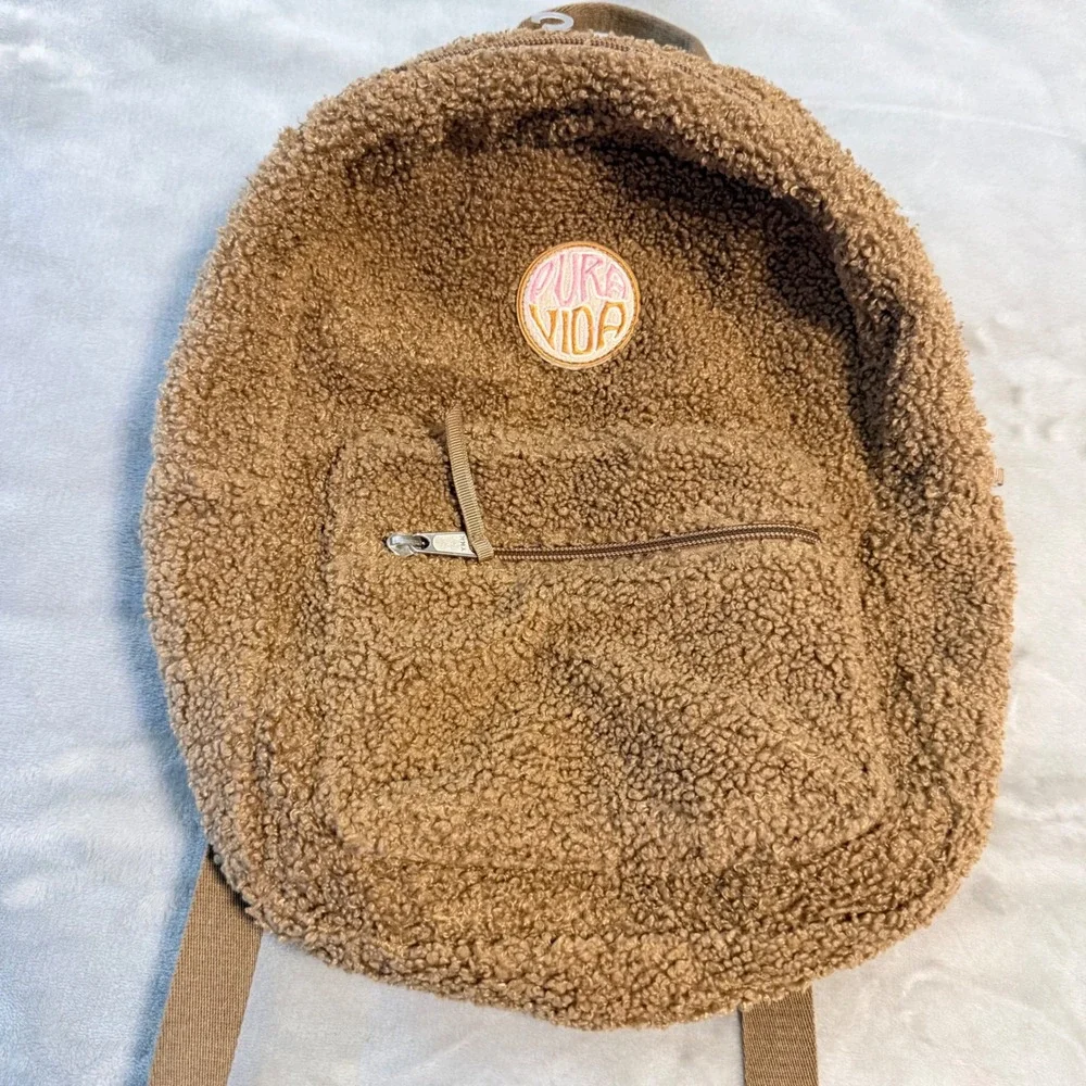 Pura Vida Teddy Bear Sherpa Mini Backpack Brown Fuzzy Boho Logo